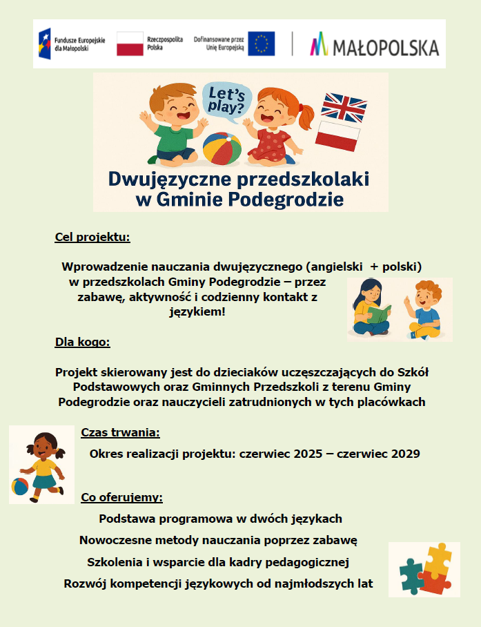 Rekrutacja do projektu „Let’s play! Dwujęzyczne przedszkolaki w Gminie Podegrodzie”